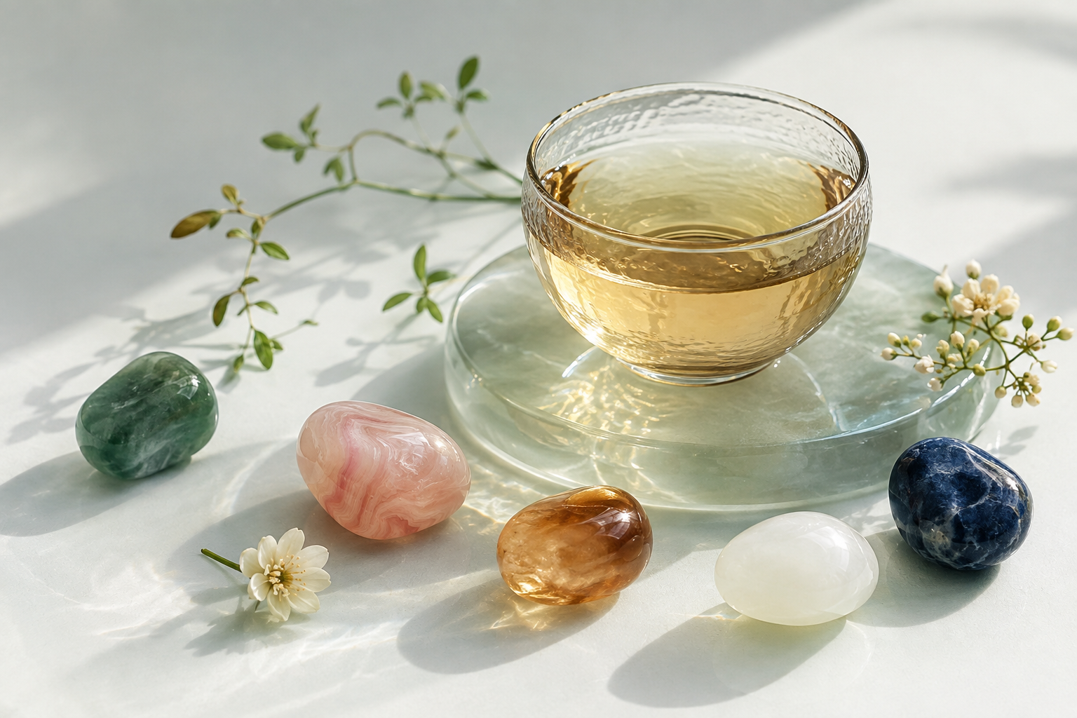 玻璃茶杯、五色寶石與植物交織的品茶情境意象